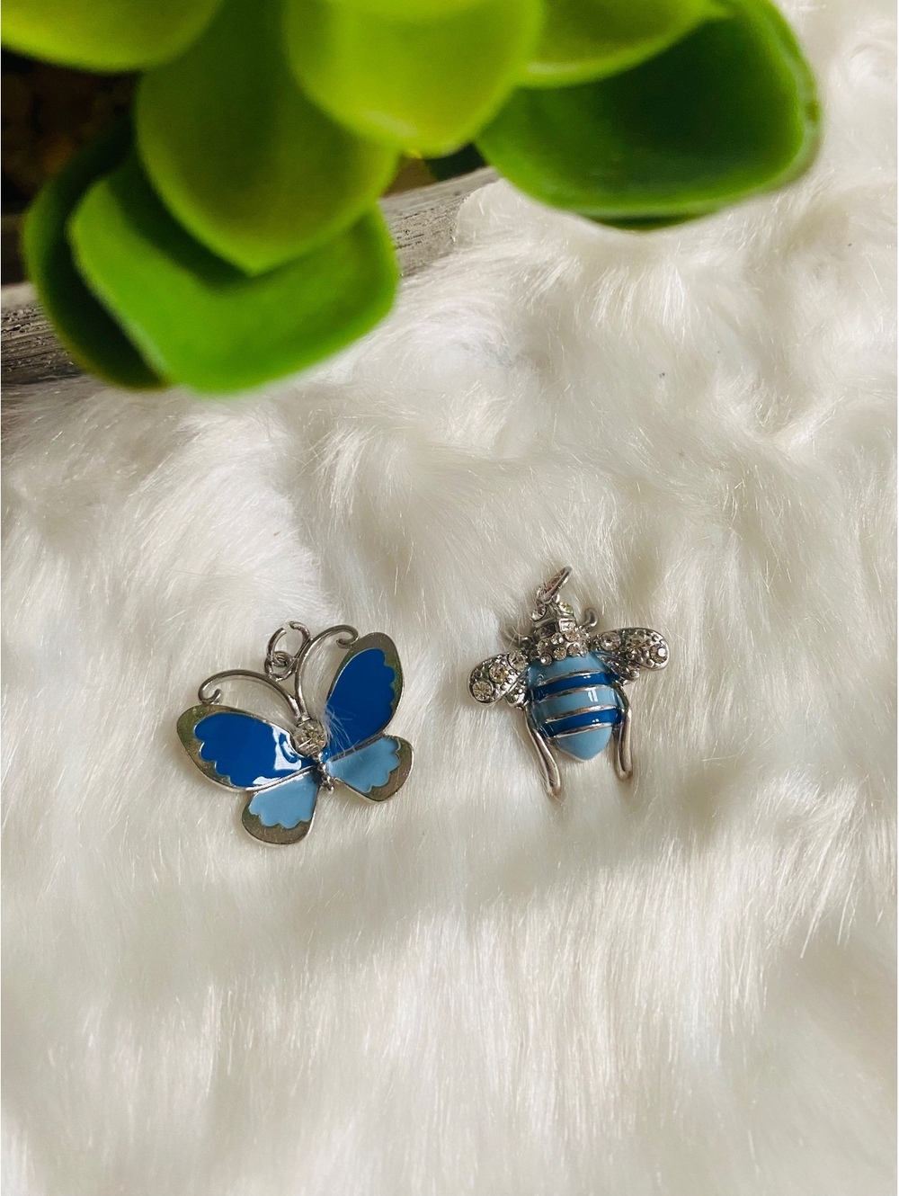 Set of Two Blue Insect-Themed Metal Charms - Butterfly and B
